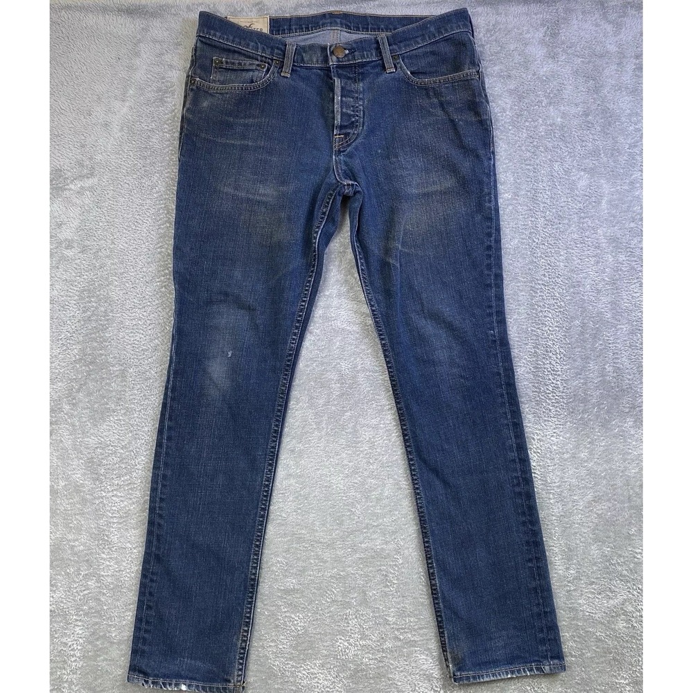 Hollister Jeans Men Sz 36x32 Blue Denim Skinny Cotton Button-Fly Grunge Skater